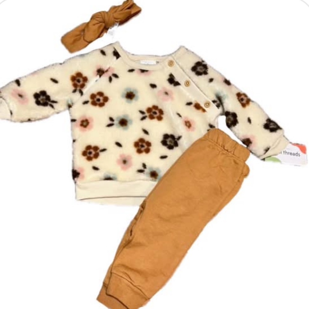 Floral Fleece Sweater and Tan Pants Set PL threads
